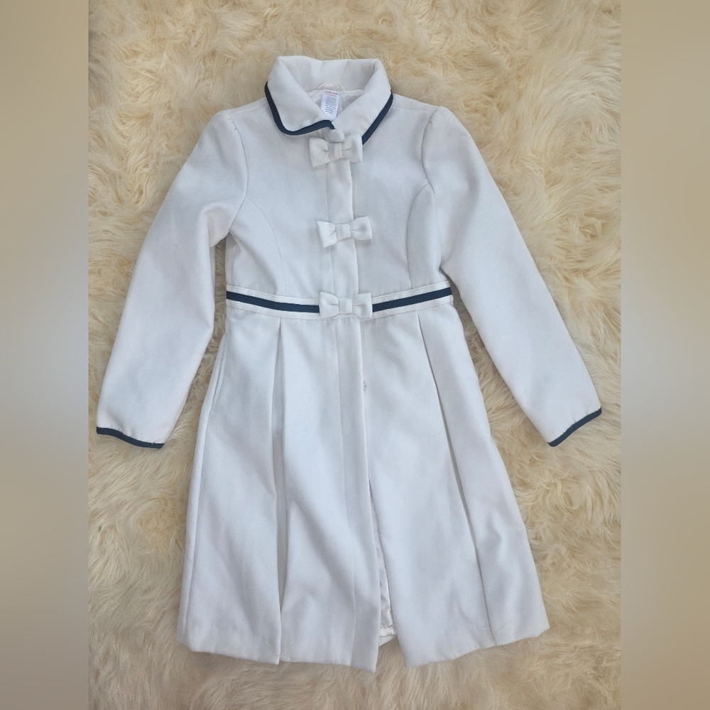 Gymboree Elegant White Pea Coat with Bow Accents Black Trim Buttons 10/12 Girls